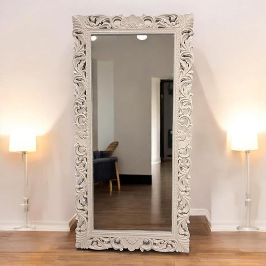 Hand-Carved Mirror Frame in Antique Ivory Finish by KAIRA