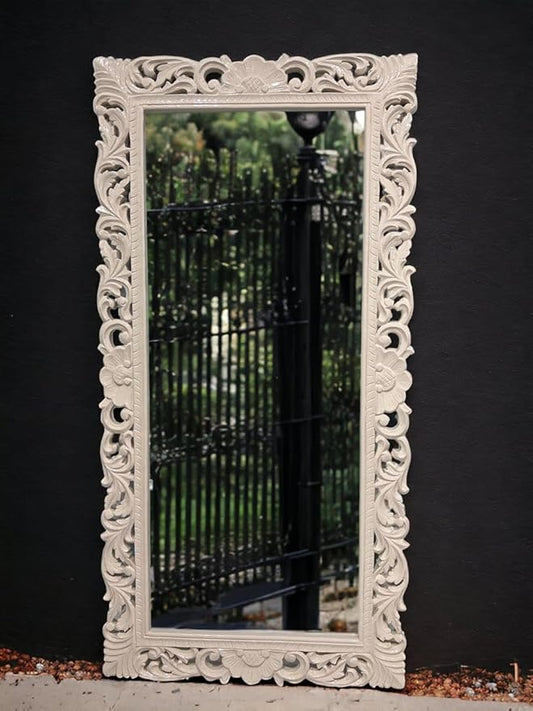 Hand-Carved Mirror Frame in Antique Ivory Finish by KAIRA