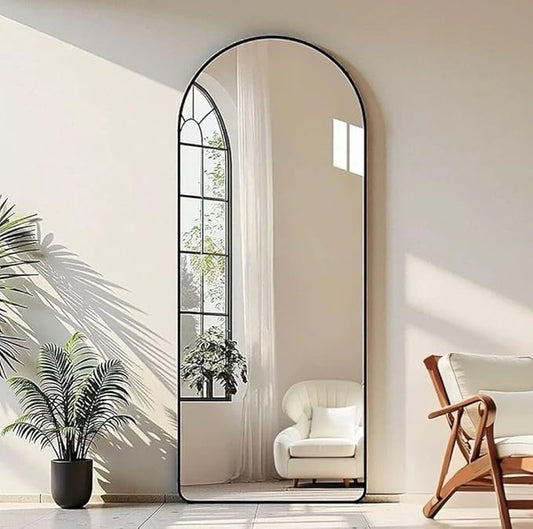 Modern Arched Floor Mirror Black Frame, Full-Length Elegance
