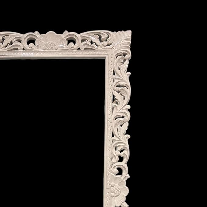 Hand-Carved Mirror Frame in Antique Ivory Finish by KAIRA