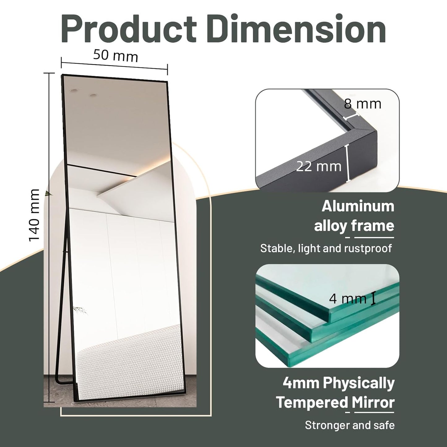 Aura Full-Length Floor Mirror | Sleek Minimalist Metal Frame