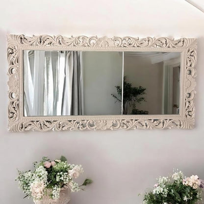 Hand-Carved Mirror Frame in Antique Ivory Finish by KAIRA