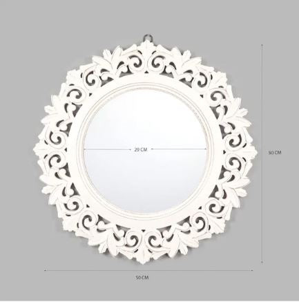 Round Hand Carved Mirror  Vintage White Wall Decor with Floral Mughal Design