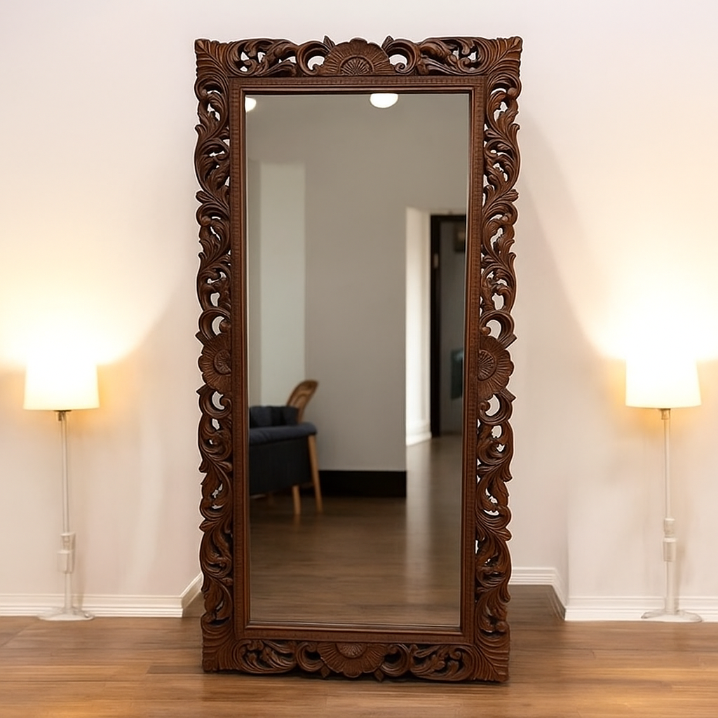Hand-Carved Mirror Frame in Antique Ivory Finish by KAIRA