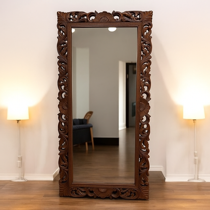 Hand-Carved Mirror Frame in Antique Ivory Finish by KAIRA