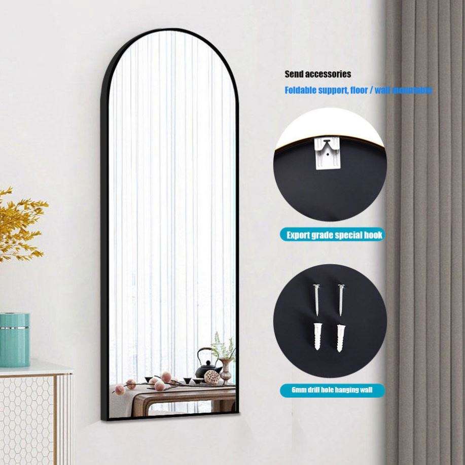 Modern Arched Floor Mirror Black Frame, Full-Length Elegance
