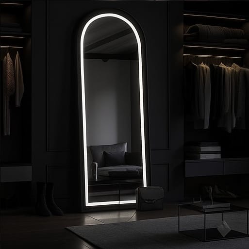 Luxe Aura LED Arched Mirror without Stand | Wall Mount | 5mm High-Definition Glass | 3-Color Smart Touch Light (White, Warm, Soft Yellow)