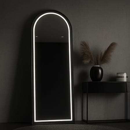 Luxe Aura LED Arched Mirror without Stand | Wall Mount | 5mm High-Definition Glass | 3-Color Smart Touch Light (White, Warm, Soft Yellow)