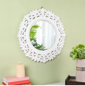 Round Hand Carved Mirror  Vintage White Wall Decor with Floral Mughal Design