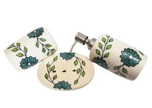 Kaira Handcrafts Bathroom Ceramic Set | WHITE FLORAL