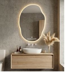 Kairahandcrafts Irregular LED Bathroom Mirror with Lights,Asymmetrical Led Bathroom Vanity Mirror for Wall with Backlit, 3 Colors and Dimmable Light 24" H x 17" W